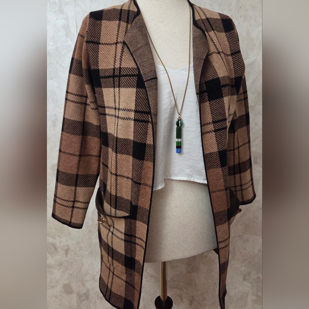 Sfera Collection Tan Plaid Cardigan with Gold Button Details